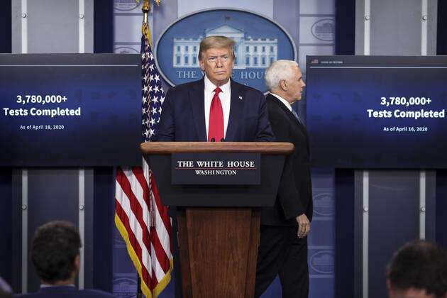 April 17, 2020, Washington, District of Columbia, USA: United States President Donald J. Trump arrives to speak as US Vice President Mike Pence takes his place during a press briefing with members of the coronavirus task force in the Brady Press Briefing Room of the White House on April 17, 2020 in Washington, DC Washington USA - ZUMAs152 20200417_zaa_s152_050 Copyright: xOliverxContrerasx