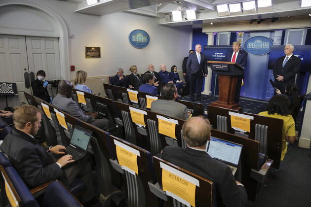 April 17, 2020, Washington, District of Columbia, USA: United States President Donald J. Trump speaks during a press briefing with members of the coronavirus task force in the Brady Press Briefing Room of the White House on April 17, 2020 in Washington, DC Washington USA - ZUMAs152 20200417_zaa_s152_070 Copyright: xOliverxContrerasx