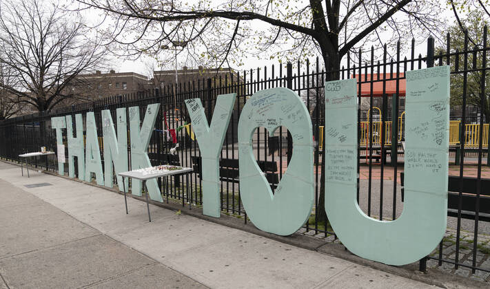 Mayor thanks medical staff at Elmhurst Hospital Makeshift thankfulness sign for medical staff on their work during COVID-19 pandemic installed across of entrance of Elmhurst Hospital New York New York United States Copyright: LevxRadin