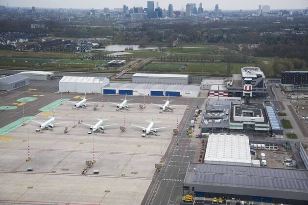 ROTTERDAM 18-04-2020, Rotterdam The Haque Airport from the air. A lot of Transavia planes parked at the platforms at Rotterdam Airport. Rotterdam The Haque Airport (RTHA)  x7847609x Copyright:
