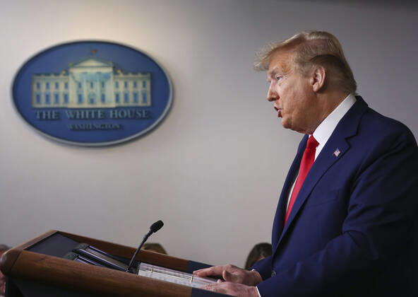 President Donald Trump delivers remarks on the COVID-19 pandemic at the White House in Washington, D.C. on Saturday, April 18, 2020.  WAS202018509 TASOSxKATOPODIS