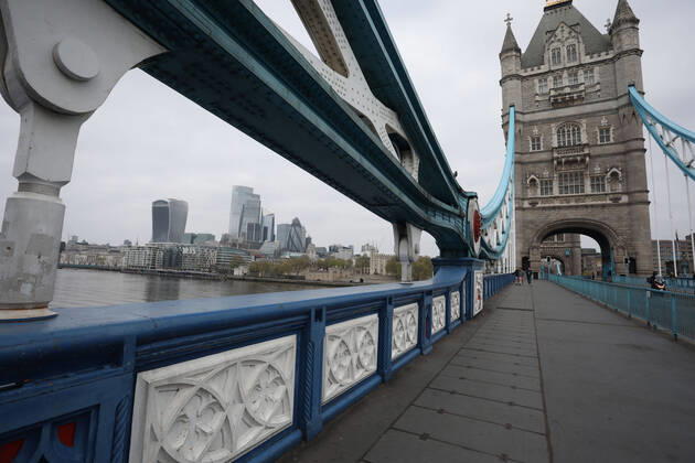 Day Twenty Six of Lockdown in London. A view towards the banking area of London, from Tower Bridge, on a very quiet central London for a Saturday as the country is on lockdown due to the COVID-19 Coronavirus pandemic. People are not allowed to leave home except for minimal food shopping, medical treatment, exercise - once a day, and essential work. COVID-19 Coronavirus lockdown, London, UK, on April 18, 2020 