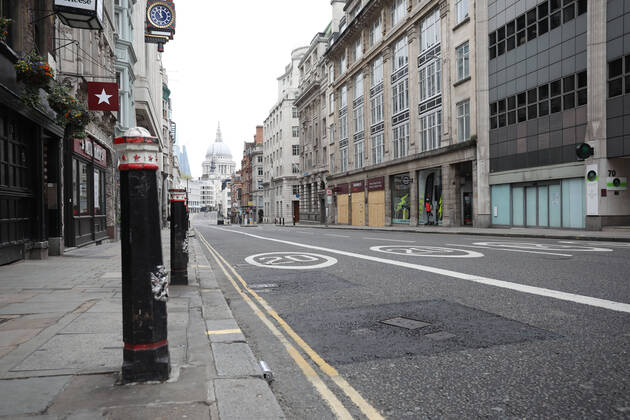Day Twenty Six of Lockdown in London. Fleet Street is almost deserted in a very quiet central London for a Saturday as the country is on lockdown due to the COVID-19 Coronavirus pandemic. People are not allowed to leave home except for minimal food shopping, medical treatment, exercise - once a day, and essential work. COVID-19 Coronavirus lockdown, London, UK, on April 18, 2020 