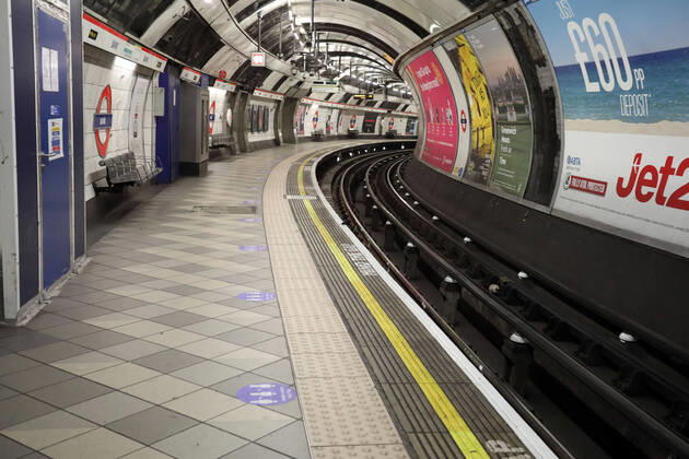Day Twenty Six of Lockdown in London. The underground Northern Line at bank Station is very quiet for a Saturday as the country is on lockdown due to the COVID-19 Coronavirus pandemic. People are not allowed to leave home except for minimal food shopping, medical treatment, exercise - once a day, and essential work. COVID-19 Coronavirus lockdown, London, UK, on April 18, 2020 