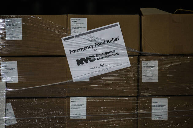NYC: Mayor de Blasio Press Conference Boxes of goods at the Kingsbridge armory which is being used as a temporary food distribution center during the Covid-19 crisis, and where TLC incensed drivers can pick up meals and delivery to New Yorkers in need. Bronx New York United States Copyright: StevexSanchez