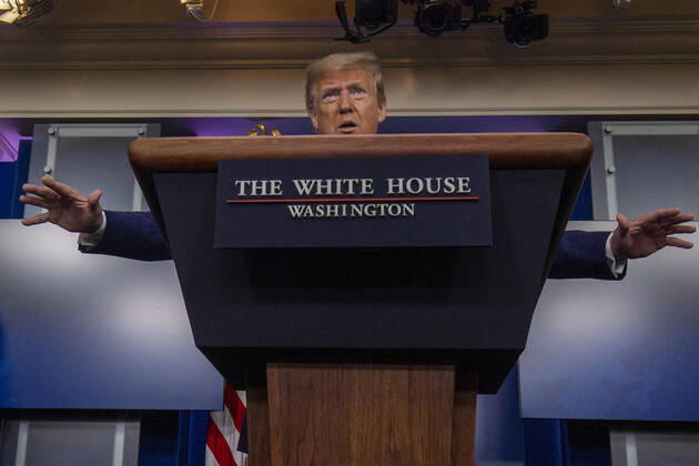 April 18, 2020, Washington, District of Columbia, USA: United States President Donald J. Trump takes questions during a briefing on the COVID-19 pandemic at the White House in Washington, D.C. on Saturday, April 18, 2020. .Credit: Pool via CNP Washington USA - ZUMAs152 20200418_zaa_s152_045 Copyright: xTasosxKatopodisx