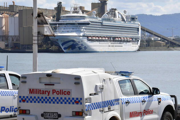 RUBY PRINCESS DEPARTURE, NSW Police and Australian Defence Force Military Police are seen in front of The Ruby Princess cruiseliner which remains docked at Port Kembla, Wollongong, Sunday, April 19, 2020. A criminal investigation has been launched into how cruise line operator Carnival Australia was allowed to disembark Ruby Princess passengers in Sydney, resulting in several deaths and COVID-19 outbreaks throughout the country. The Ruby Princess was due to depart Port Kembla today. ( NO ARCHIVING, EDITORIAL USE ONLY, NO USE IN BOOKS WITHOUT CONSENT WOLLONGONG NSW AUSTRALIA  Copyright: xDEANxLEWINSx 20200419001464194276