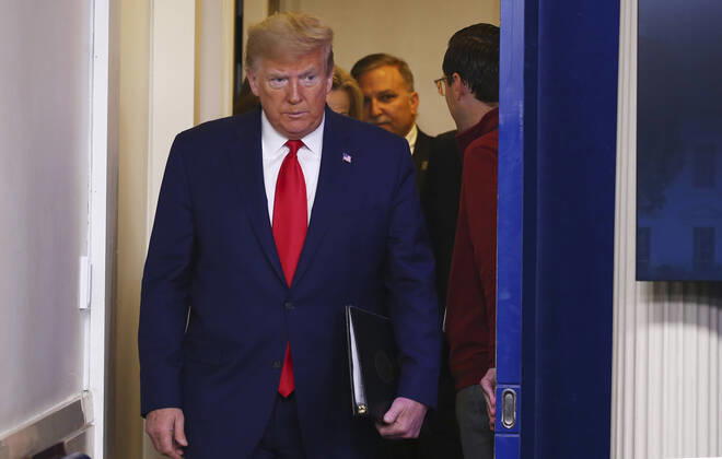 United States President Donald J. Trump arrives to deliver remarks on the COVID-19 pandemic at the White House in Washington, D.C. on Saturday, April 18, 2020. Copyright: xTasosxKatopodisx PoolxviaxCNP MediaPunchx