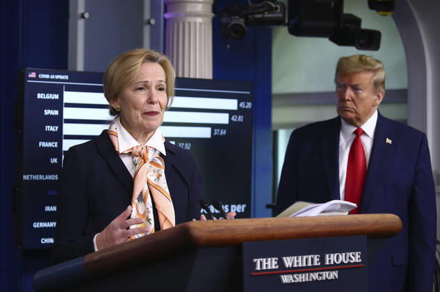 Dr. Deborah L. Birx, White House Coronavirus Response Coordinator, left, delivers remarks on the COVID-19 pandemic as United States President Donald J. Trump, right, listens at the White House in Washington, D.C. on Saturday, April 18, 2020. Copyright: xTasosxKatopodisx PoolxviaxCNP MediaPunchx