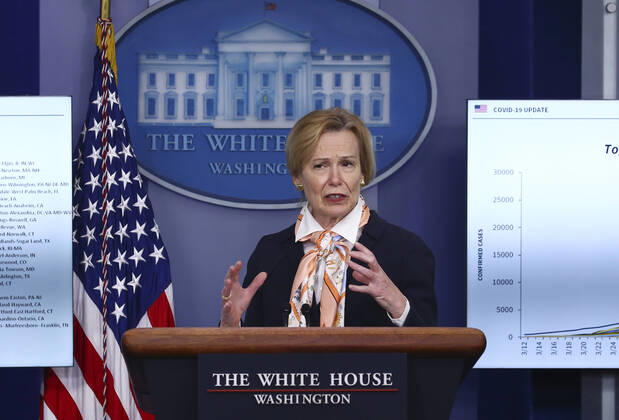 Dr. Deborah L. Birx, White House Coronavirus Response Coordinator delivers remarks on the COVID-19 pandemic at the White House in Washington, D.C. on Saturday, April 18, 2020. Copyright: xTasosxKatopodisx PoolxviaxCNP MediaPunchx