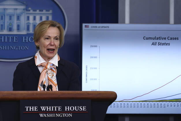 Dr. Deborah L. Birx, White House Coronavirus Response Coordinator, delivers remarks on the COVID-19 pandemic at the White House in Washington, D.C. on Saturday, April 18, 2020. Copyright: xTasosxKatopodisx PoolxviaxCNP MediaPunchx