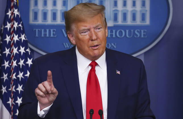 United States President Donald J. Trump takes questions during a briefing on the COVID-19 pandemic at the White House in Washington, D.C. on Saturday, April 18, 2020. Copyright: xTasosxKatopodisx PoolxviaxCNP MediaPunchx