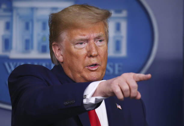 United States President Donald J. Trump takes questions during a briefing on the COVID-19 pandemic at the White House in Washington, D.C. on Saturday, April 18, 2020. Copyright: xTasosxKatopodisx PoolxviaxCNP MediaPunchx