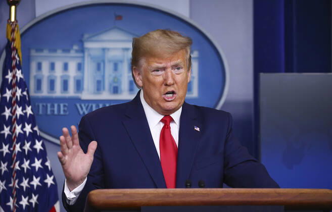 United States President Donald J. Trump delivers remarks on the COVID-19 pandemic at the White House in Washington, D.C. on Saturday, April 18, 2020. Copyright: xTasosxKatopodisx PoolxviaxCNP MediaPunchx
