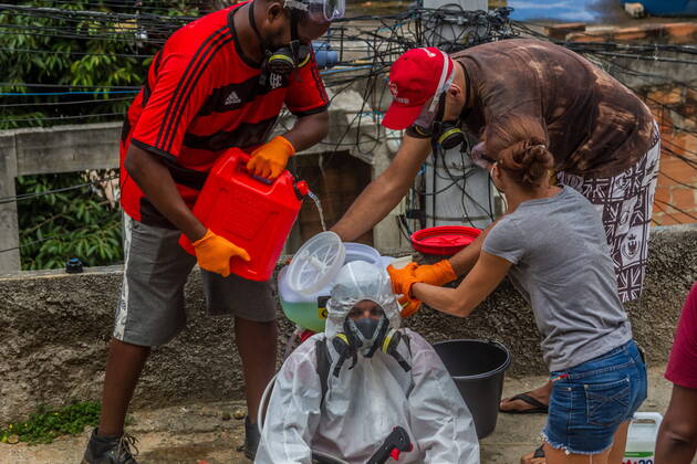 April 18, 2020, Rio de Janeiro, Brazil: Deaths from COVID-19 are increasing in the slums of Rio. Without any state assistance or information from the population, a group of activists living in the favelas got together and bought international hygiene equipment against the coronavirus and are cleaning the city s favelas. The second slum to have this treatment is the Babylonia slum, located in the Leme neighborhood, south zone. Rio de Janeiro Brazil  - ZUMA AGA 20200418_mda_l255_313 Copyright: xEllanxLustosax