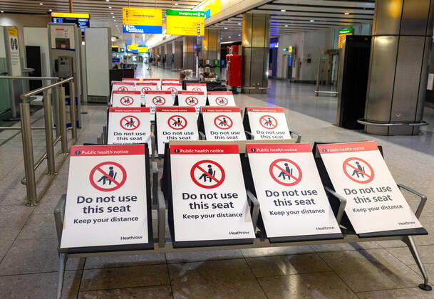 . 19 04 2020. London, United Kingdom. Do not use this seat warning signs at Terminal 4. Quiet at Heathrow Airport. Heathrow Airport. Very few passengers at the World s second busiest airport as travel is severly disrupted by the Coronavirus.  xMarkxThomasx xi-Imagesx IIM-21036-0008
