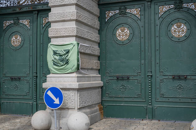 Pilsner Urquell Brewery main gate with a protection face mask is seen on April 18, 2020, in Pilsen, Czech Republic. The brewery bottling beer only into bottles and cans at present. This is due to closed restaurants, pubs and bars due to the coronavirus epidemic. (CTKxPhoto MiroslavxChaloupka) CTKPhotoP202004180315401 cha010k