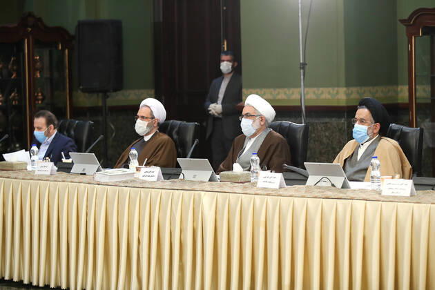 April 19, 2020, Tehran, Iran: A handout picture provided by the Iranian presidency on April 19, 2020, shows Iranian cabinet members attending a session chaired by President Hassan Rouhani in the capital Tehran. Iran is going to extend the leave of prisoners temporarily released for one more month, President Rouhani announced Sunday, after the country released 100,000 detainees over the COVID-19 outbreak. Tehran Iran - ZUMAi98_ 20200419_zih_i98_001 Copyright: xIranianxPresidencyx