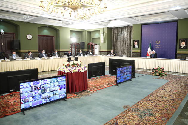 April 19, 2020, Tehran, Iran: A handout picture provided by the Iranian presidency on April 19, 2020, shows President HASSAN ROUHANI chairing a cabinet session in the capital Tehran. Iran is going to extend the leave of prisoners temporarily released for one more month, President Rouhani announced Sunday, after the country released 100,000 detainees over the COVID-19 outbreak. Tehran Iran - ZUMAi98_ 20200419_zih_i98_003 Copyright: xIranianxPresidencyx