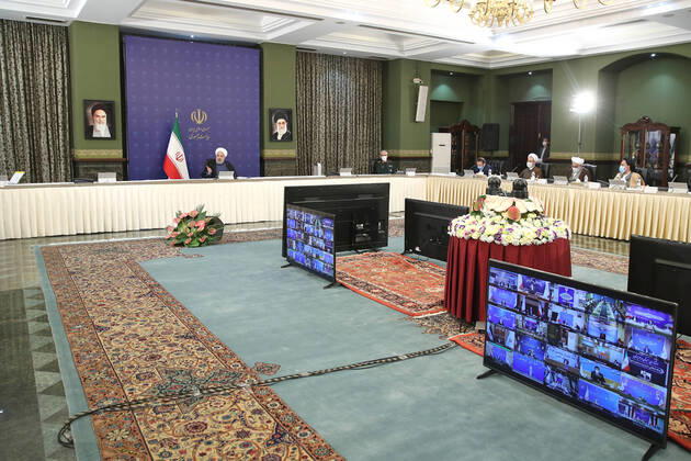 April 19, 2020, Tehran, Iran: A handout picture provided by the Iranian presidency on April 19, 2020, shows President HASSAN ROUHANI chairing a cabinet session in the capital Tehran. Iran is going to extend the leave of prisoners temporarily released for one more month, President Rouhani announced Sunday, after the country released 100,000 detainees over the COVID-19 outbreak. Tehran Iran - ZUMAi98_ 20200419_zih_i98_005 Copyright: xIranianxPresidencyx