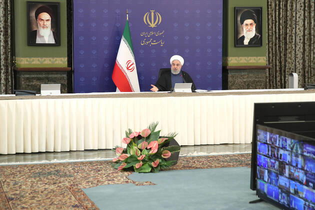 April 19, 2020, Tehran, Iran: A handout picture provided by the Iranian presidency on April 19, 2020, shows President HASSAN ROUHANI chairing a cabinet session in the capital Tehran. Iran is going to extend the leave of prisoners temporarily released for one more month, President Rouhani announced Sunday, after the country released 100,000 detainees over the COVID-19 outbreak. Tehran Iran - ZUMAi98_ 20200419_zih_i98_006 Copyright: xIranianxPresidencyx