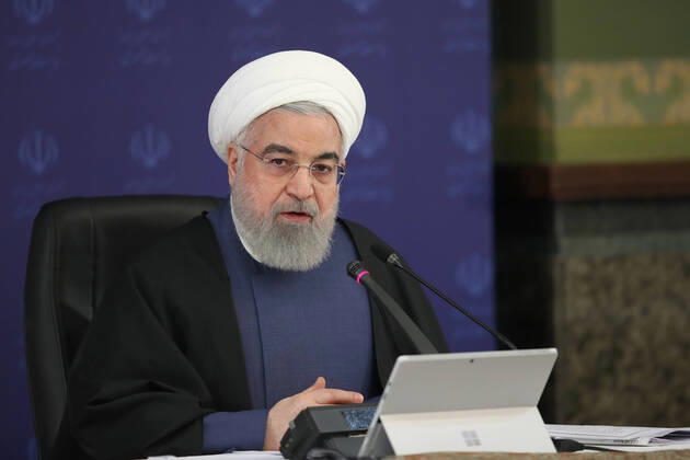 April 19, 2020, Tehran, Iran: A handout picture provided by the Iranian presidency on April 19, 2020, shows President HASSAN ROUHANI chairing a cabinet session in the capital Tehran. Iran is going to extend the leave of prisoners temporarily released for one more month, President Rouhani announced Sunday, after the country released 100,000 detainees over the COVID-19 outbreak. Tehran Iran - ZUMAi98_ 20200419_zih_i98_007 Copyright: xIranianxPresidencyx