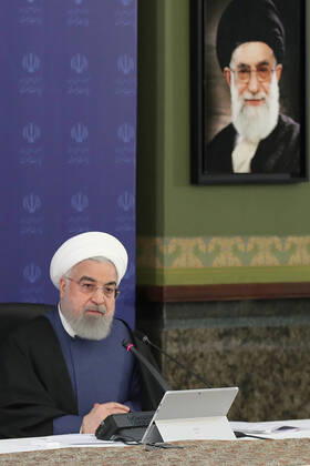 April 19, 2020, Tehran, Iran: A handout picture provided by the Iranian presidency on April 19, 2020, shows President HASSAN ROUHANI chairing a cabinet session in the capital Tehran. Iran is going to extend the leave of prisoners temporarily released for one more month, President Rouhani announced Sunday, after the country released 100,000 detainees over the COVID-19 outbreak. Tehran Iran - ZUMAi98_ 20200419_zih_i98_009 Copyright: xIranianxPresidencyx