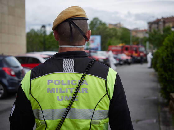 April 19, 2020, Pamplona, Navarra, SPAIN: Soldiers from the military emergency unit UME disinfect the residence of the elderly AMMA Oblates during the confinement marked by the State of Alarm decreed by the Government of Spain on the occasion of the coronavirus COVID-19 . In Pamplona, Spain, on April 19, 2020 Pamplona SPAIN - ZUMAa181 20200419_zaa_a181_033 Copyright: xEduardoxSanzx