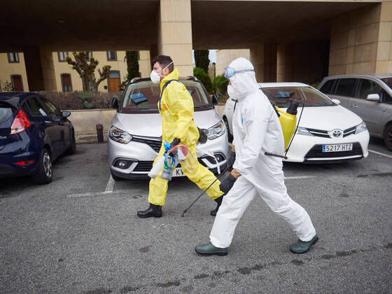 April 19, 2020, Pamplona, Navarra, SPAIN: Soldiers from the military emergency unit UME disinfect the residence of the elderly AMMA Oblates during the confinement marked by the State of Alarm decreed by the Government of Spain on the occasion of the coronavirus COVID-19 . In Pamplona, Spain, on April 19, 2020 Pamplona SPAIN - ZUMAa181 20200419_zaa_a181_039 Copyright: xEduardoxSanzx