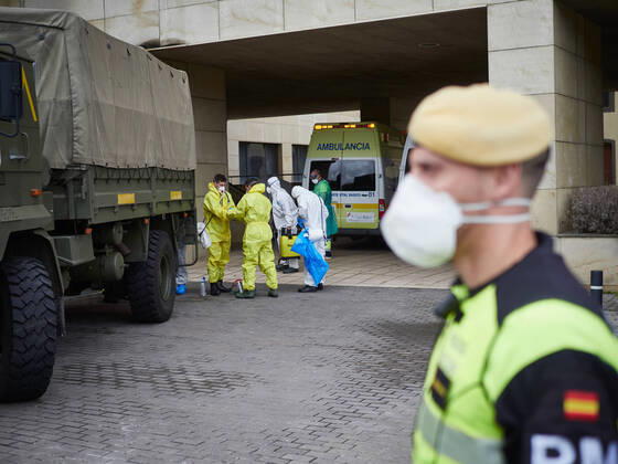 April 19, 2020, Pamplona, Navarra, SPAIN: Soldiers from the military emergency unit UME disinfect the residence of the elderly AMMA Oblates during the confinement marked by the State of Alarm decreed by the Government of Spain on the occasion of the coronavirus COVID-19 . In Pamplona, Spain, on April 19, 2020 Pamplona SPAIN - ZUMAa181 20200419_zaa_a181_048 Copyright: xEduardoxSanzx
