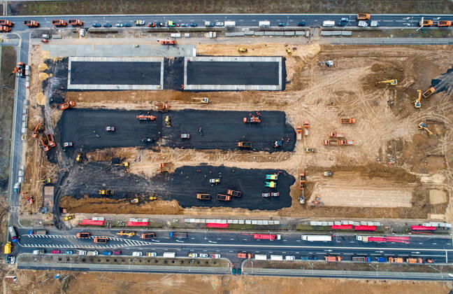 MOSCOW, RUSSIA - APRIL 19, 2020: An aerial view of the construction site of a new building of the Novomoskovsky multipurpose medical center for patients with suspected COVID-19 coronavirus infection. Sergei Bobylev TASS  TS0D65EA