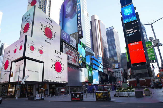 Messages of comfort due to the CoronaVirus pandemic dominate the billboards in a nearly empty of pedestrian and automobile traffic Times Square on Easter Sunday of Orthodox Easter weekend in New York City on Sunday, April 19, 2020. The world s Orthodox Christians are celebrating Easter through a series of restrictions and bans including closures of churches due to the Coronavirus pandemic. More than 13,300 people with COVID-19 have died in New York State.  NYP20200419114 JOHNxANGELILLO