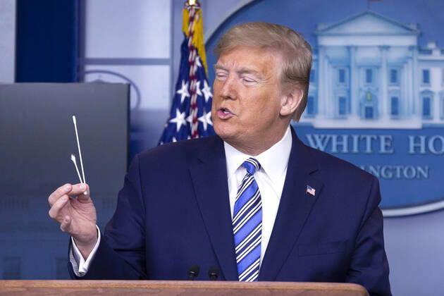 April 19, 2020, Washington, District of Columbia, USA: United States President Donald J. Trump, joined by United States Vice President Mike Pence, delivers remarks on the Coronavirus pandemic during a news conference in the James S. Brady Press Briefing room at the White House in Washington D.C., U.S., on Sunday April 19, 2020. Speaker of the United States House of Representatives Nancy Pelosi (Democrat of California) stated that lawmakers are close to a deal with United States Secretary of the Treasury Steven T. Mnuchin regarding a second round of small business loans for businesses impacted by Coronavirus. Credit: CNP Washington USA - ZUMAs152 20200419_zaa_s152_017 Copyright: xStefanixReynoldsx