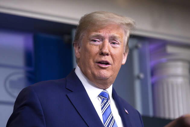 April 19, 2020, Washington, District of Columbia, USA: United States President Donald J. Trump, joined by United States Vice President Mike Pence, delivers remarks on the Coronavirus pandemic during a news conference in the James S. Brady Press Briefing room at the White House in Washington D.C., U.S., on Sunday April 19, 2020. Speaker of the United States House of Representatives Nancy Pelosi (Democrat of California) stated that lawmakers are close to a deal with United States Secretary of the Treasury Steven T. Mnuchin regarding a second round of small business loans for businesses impacted by Coronavirus. Credit: CNP Washington USA - ZUMAs152 20200419_zaa_s152_023 Copyright: xStefanixReynoldsx