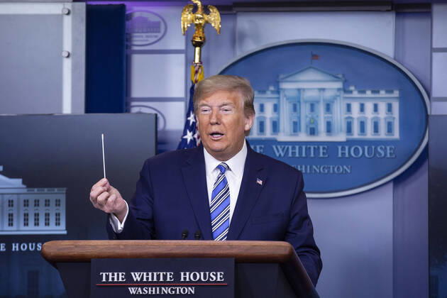 April 19, 2020, Washington, District of Columbia, USA: United States President Donald J. Trump, joined by United States Vice President Mike Pence, delivers remarks on the Coronavirus pandemic during a news conference in the James S. Brady Press Briefing room at the White House in Washington D.C., U.S., on Sunday April 19, 2020. Speaker of the United States House of Representatives Nancy Pelosi (Democrat of California) stated that lawmakers are close to a deal with United States Secretary of the Treasury Steven T. Mnuchin regarding a second round of small business loans for businesses impacted by Coronavirus. Credit: CNP Washington USA - ZUMAs152 20200419_zaa_s152_025 Copyright: xStefanixReynoldsx