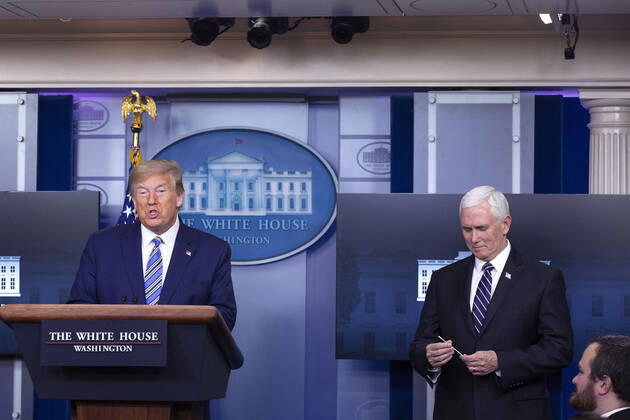 April 19, 2020, Washington, District of Columbia, USA: United States President Donald J. Trump, joined by United States Vice President Mike Pence, delivers remarks on the Coronavirus pandemic during a news conference in the James S. Brady Press Briefing room at the White House in Washington D.C., U.S., on Sunday April 19, 2020. Speaker of the United States House of Representatives Nancy Pelosi (Democrat of California) stated that lawmakers are close to a deal with United States Secretary of the Treasury Steven T. Mnuchin regarding a second round of small business loans for businesses impacted by Coronavirus. Credit: CNP Washington USA - ZUMAs152 20200419_zaa_s152_026 Copyright: xStefanixReynoldsx
