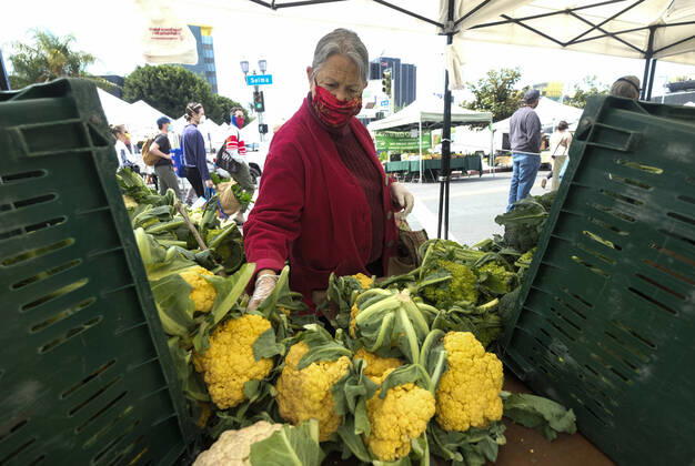 April 19, 2020, Los Angeles, California, U.S: A woman wearing a mask shops at a Farmer s Market during the Covid-19 crisis in Los Angeles, Sunday, April 19, 2020. Los Angeles U.S. - ZUMAc68_ 20200419_zaf_c68_024 Copyright: xRingoxChiux