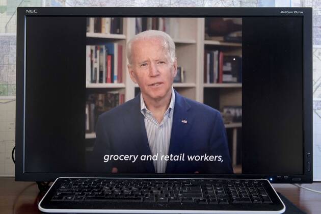 April 19, 2020 - Wilmington, Delaware, U.S. - A screen grab of Vice President JOE BIDEN offering up his thanks to the men and women on the front lines of the fight against the coronavirus pandemic. Wilmington U.S. - ZUMAce6_ 20200419_zaf_ce6_003 Copyright: xBrianxCahnx