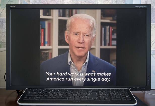 April 19, 2020 - Wilmington, Delaware, U.S. - A screen grab of Vice President JOE BIDEN offering up his thanks to the men and women on the front lines of the fight against the coronavirus pandemic. Wilmington U.S. - ZUMAce6_ 20200419_zaf_ce6_004 Copyright: xBrianxCahnx