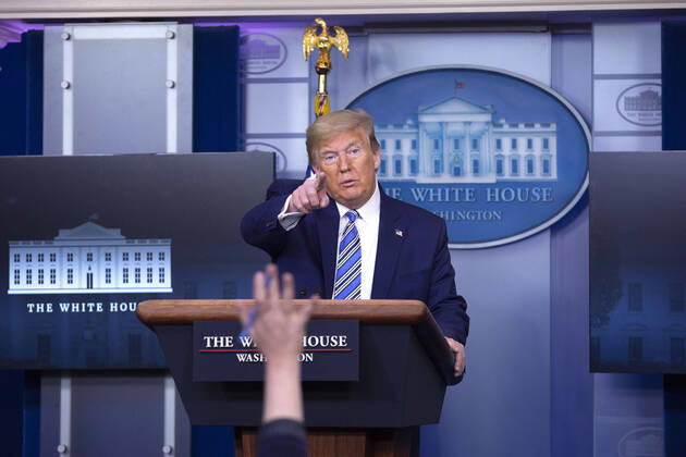 April 19, 2020, Washington, District of Columbia, USA: United States President Donald J. Trump, joined by United States Vice President Mike Pence, delivers remarks on the Coronavirus pandemic during a news conference in the James S. Brady Press Briefing room at the White House in Washington D.C., U.S., on Sunday April 19, 2020. Speaker of the United States House of Representatives Nancy Pelosi (Democrat of California) stated that lawmakers are close to a deal with United States Secretary of the Treasury Steven T. Mnuchin regarding a second round of small business loans for businesses impacted by Coronavirus. Credit: CNP Washington USA - ZUMAs152 20200419_zaa_s152_034 Copyright: xStefanixReynoldsx