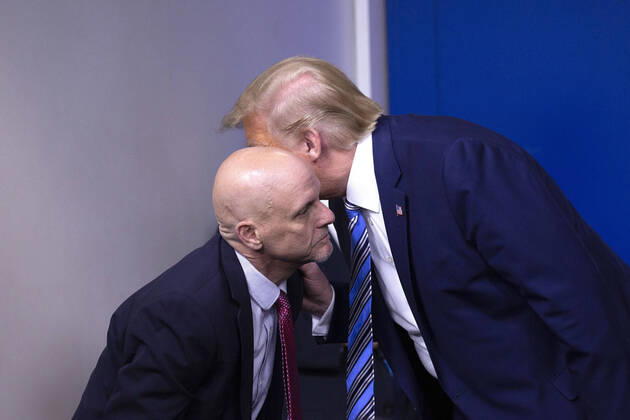 April 19, 2020, Washington, District of Columbia, USA: United States President Donald J. Trump, right, speaks to Stephen Hahn, commissioner of food and drugs at the U.S. Food and Drug Administration (FDA) during a news conference in the James S. Brady Press Briefing room at the White House in Washington D.C., U.S., on Sunday April 19, 2020. Speaker of the United States House of Representatives Nancy Pelosi (Democrat of California) stated that lawmakers are close to a deal with United States Secretary of the Treasury Steven T. Mnuchin regarding a second round of small business loans for businesses impacted by Coronavirus. Credit: CNP Washington USA - ZUMAs152 20200419_zaa_s152_037 Copyright: xStefanixReynoldsx