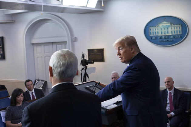 April 19, 2020, Washington, District of Columbia, USA: United States President Donald J. Trump, joined by United States Vice President Mike Pence, delivers remarks on the Coronavirus pandemic during a news conference in the James S. Brady Press Briefing room at the White House in Washington D.C., U.S., on Sunday April 19, 2020. Speaker of the United States House of Representatives Nancy Pelosi (Democrat of California) stated that lawmakers are close to a deal with United States Secretary of the Treasury Steven T. Mnuchin regarding a second round of small business loans for businesses impacted by Coronavirus. Credit: CNP Washington USA - ZUMAs152 20200419_zaa_s152_055 Copyright: xStefanixReynoldsx