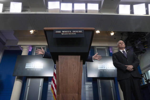 April 19, 2020, Washington, District of Columbia, USA: United States President Donald J. Trump, joined by United States Vice President Mike Pence, delivers remarks on the Coronavirus pandemic during a news conference in the James S. Brady Press Briefing room at the White House in Washington D.C., U.S., on Sunday April 19, 2020. Speaker of the United States House of Representatives Nancy Pelosi (Democrat of California) stated that lawmakers are close to a deal with United States Secretary of the Treasury Steven T. Mnuchin regarding a second round of small business loans for businesses impacted by Coronavirus. Credit: CNP Washington USA - ZUMAs152 20200419_zaa_s152_049 Copyright: xStefanixReynoldsx