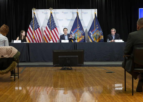 Governor Andrew Cuomo daily brieifng on COVID-19 Governor Andrew Cuomo conducts daily briefing to media on COVID-19 pandemic at The Feinstein Institute for Medical Research of Northwell Health, as Melissa DeRosa, Michael Dowling attend Manhasset New York United States Copyright: LevxRadin