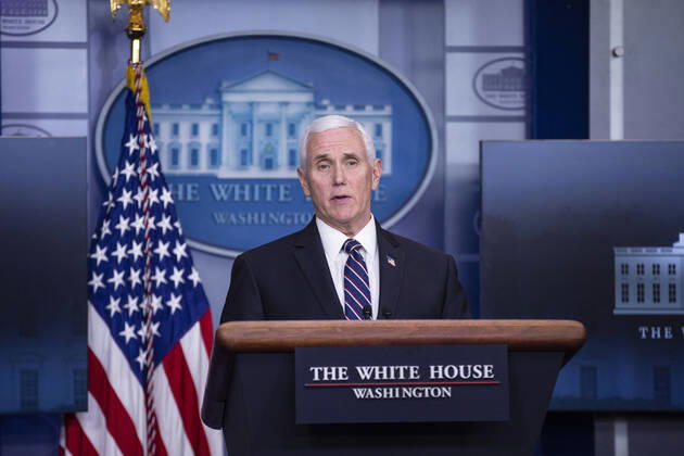 April 19, 2020, Washington, District of Columbia, USA: United States Vice President Mike Pence delivers remarks on the Coronavirus pandemic during a news conference in the James S. Brady Press Briefing room at the White House in Washington D.C., U.S., on Sunday April 19, 2020. Speaker of the United States House of Representatives Nancy Pelosi (Democrat of California) stated that lawmakers are close to a deal with United States Secretary of the Treasury Steven T. Mnuchin regarding a second round of small business loans for businesses impacted by Coronavirus. Credit: CNP Washington USA - ZUMAs152 20200419_zaa_s152_060 Copyright: xStefanixReynoldsx