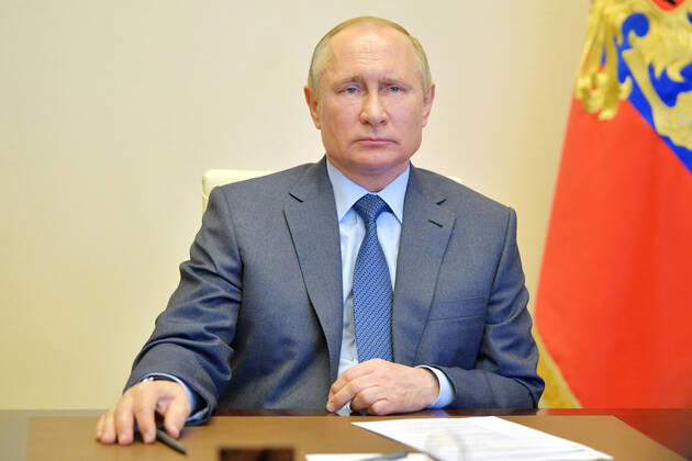 MOSCOW REGION, RUSSIA - APRIL 20, 2020: Russia s President Vladimir Putin during a video conference meeting on the COVID-19 coronavirus situation in Russia, at Novo-Ogaryovo residence. Alexei Druzhinin Russian Presidential Press and Information Office TASS  TS0D668F