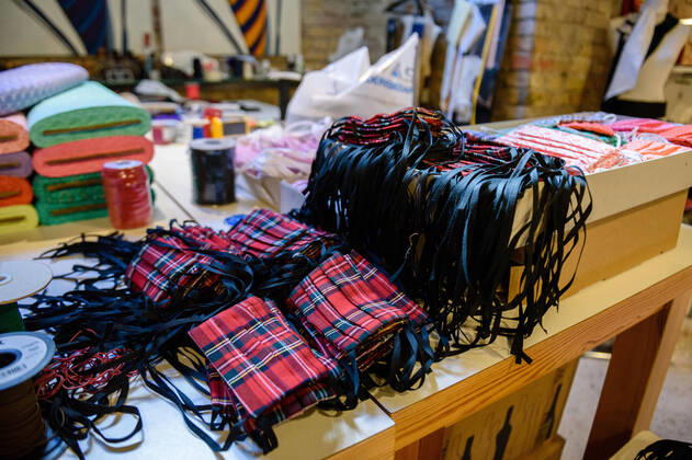 April 20, 2020: Portection masks can be seen in the manufacture of the Luxury Tie Auerbach in the Hackesche HoÂ¶fe in Berlin Mitte. The company produces mouth-nose-masks made of noble fabrics, partly matching ties or bow ties. - ZUMAs172 20200420_zap_s172_017 Copyright: xJanxScheunertx