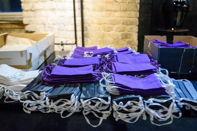 April 20, 2020: Violet face masks can be seen during the process of making a mask in the manufacture of the Luxury Tie Auerbach in the Hackesche HoÂ¶fe in Berlin Mitte. The company produces mouth-nose-masks made of noble fabrics, partly matching ties or bow ties. - ZUMAs172 20200420_zap_s172_035 Copyright: xJanxScheunertx