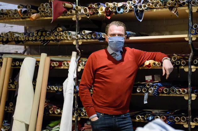 April 20, 2020: Managing Director of the brand Auerbach Berlin GMBH Jan-Henrik SCHEPER-STUKE poses for the photographer in the manufacture of the Luxury Tie Auerbach in the Hackesche HoÂ¶fe in Berlin Mitte. The company produces mouth-nose-masks made of noble fabrics, partly matching ties or bow ties. - ZUMAs172 20200420_zap_s172_036 Copyright: xJanxScheunertx
