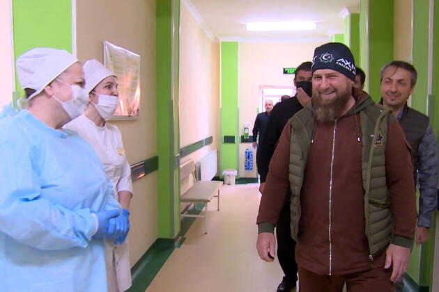 GROZNY, RUSSIA - APRIL 20, 2020: Chechnya Head Ramzan Kadyrov (R) visits Grozny s clinical hospital No 4 treating coronavirus patients. As of 20 April 2020, the Chechen Republic has registered 219 COVID-19 cases with 23 recoveries and 5 deaths. Video screen grab Grozny TV Channel TASS  TS0D6745